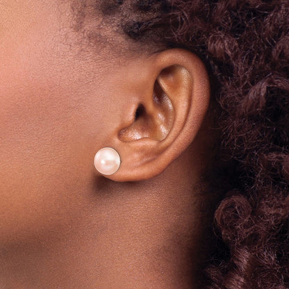 14K Yellow Gold 10-11mm Pink Button Freshwater Cultured Pearl Stud Post Earrings