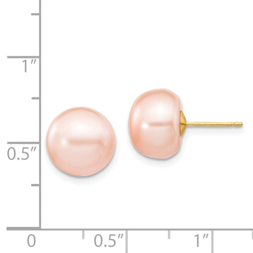 14K Yellow Gold 10-11mm Pink Button Freshwater Cultured Pearl Stud Post Earrings