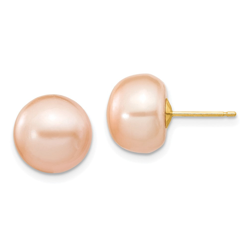 14K Yellow Gold 10-11mm Pink Button Freshwater Cultured Pearl Stud Post Earrings