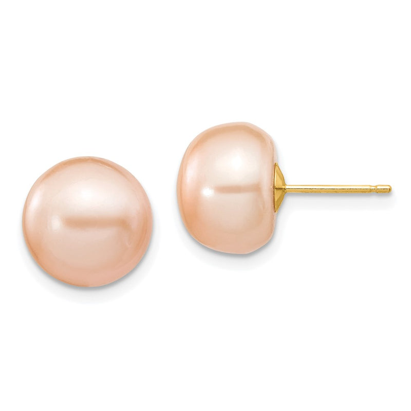 14K Yellow Gold 10-11mm Pink Button Freshwater Cultured Pearl Stud Post Earrings