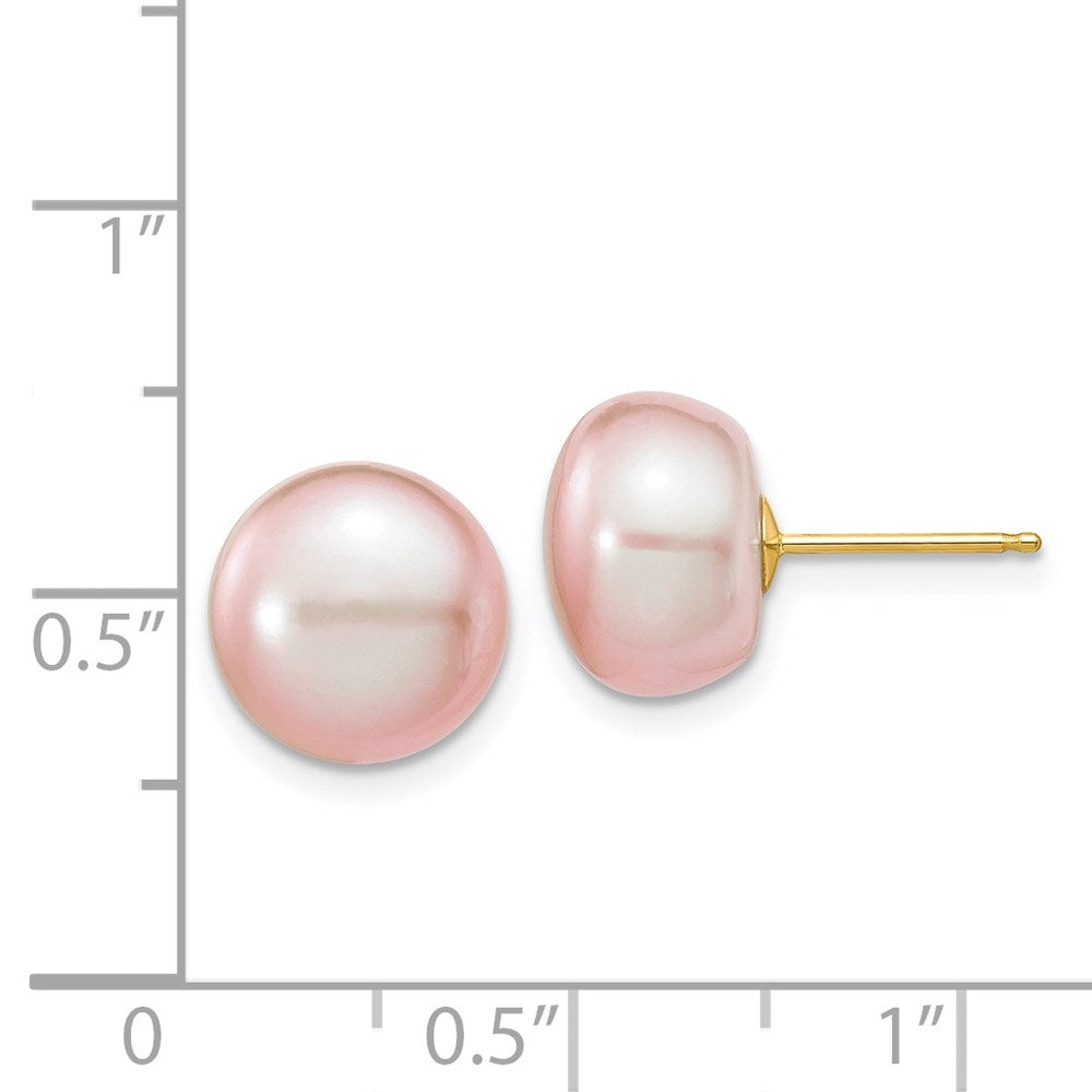 14K Yellow Gold 10-11mm Purple Button Freshwater Cultured Pearl Stud Post Earrings