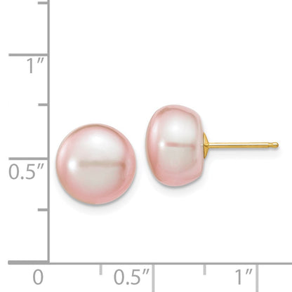 14K Yellow Gold 10-11mm Purple Button Freshwater Cultured Pearl Stud Post Earrings