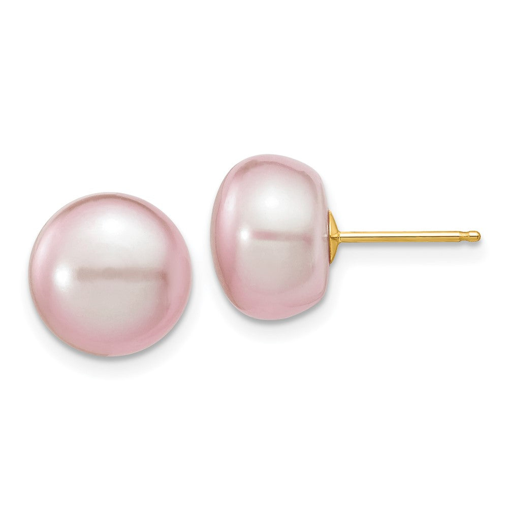14K Yellow Gold 10-11mm Purple Button Freshwater Cultured Pearl Stud Post Earrings