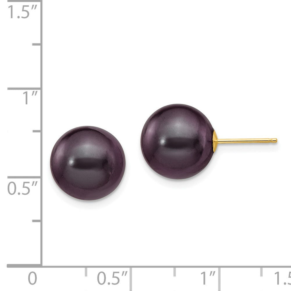 14K Yellow Gold 10 11mm Black Round Freshwater Cultured Pearl Stud Post Earrings