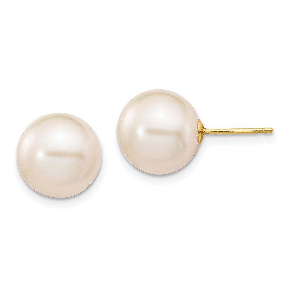 14K Yellow Gold 10 11mm White Round Freshwater Cultured Pearl Stud Post Earrings