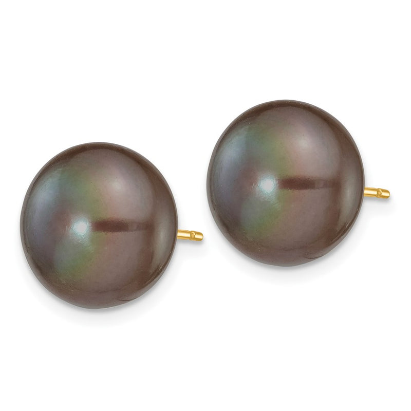 14K Yellow Gold 11-12mm Black Button Freshwater Cultured Pearl Stud Post Earrings