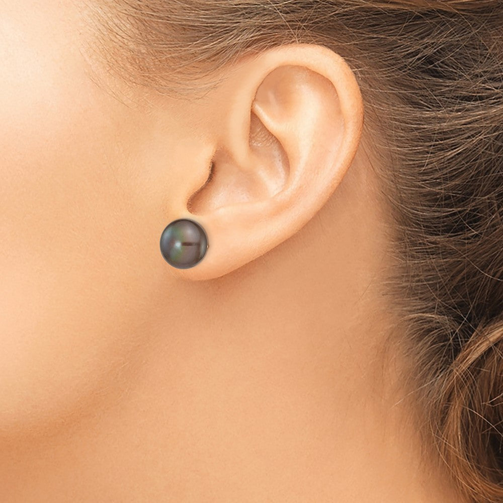 14K Yellow Gold 11-12mm Black Button Freshwater Cultured Pearl Stud Post Earrings