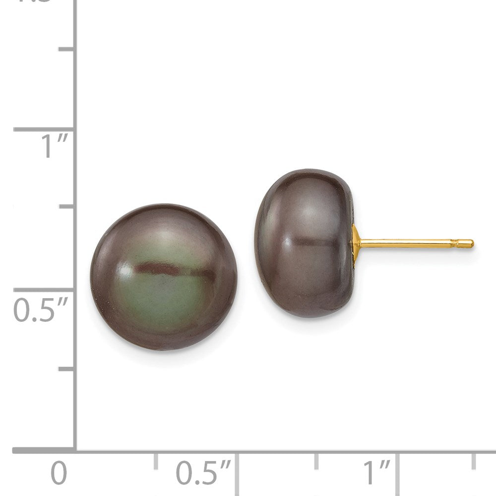 14K Yellow Gold 11-12mm Black Button Freshwater Cultured Pearl Stud Post Earrings
