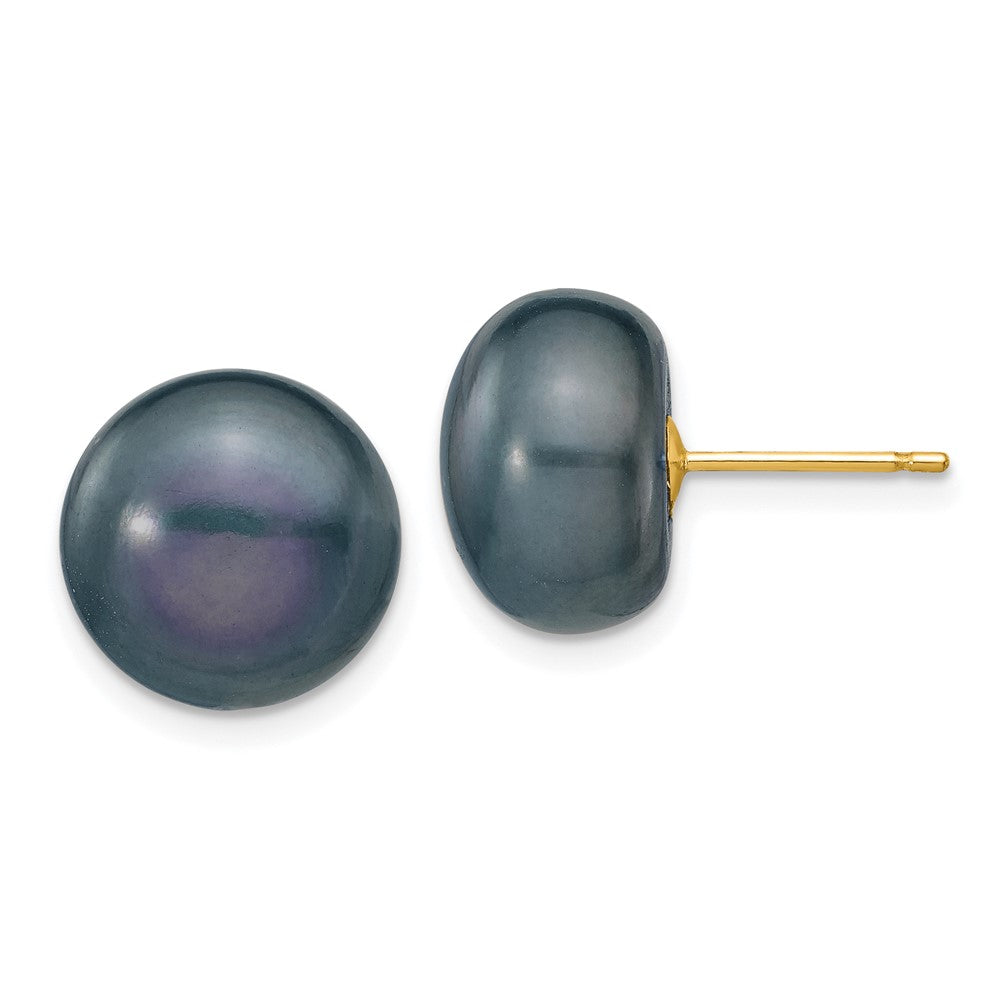 14K Yellow Gold 11-12mm Black Button Freshwater Cultured Pearl Stud Post Earrings