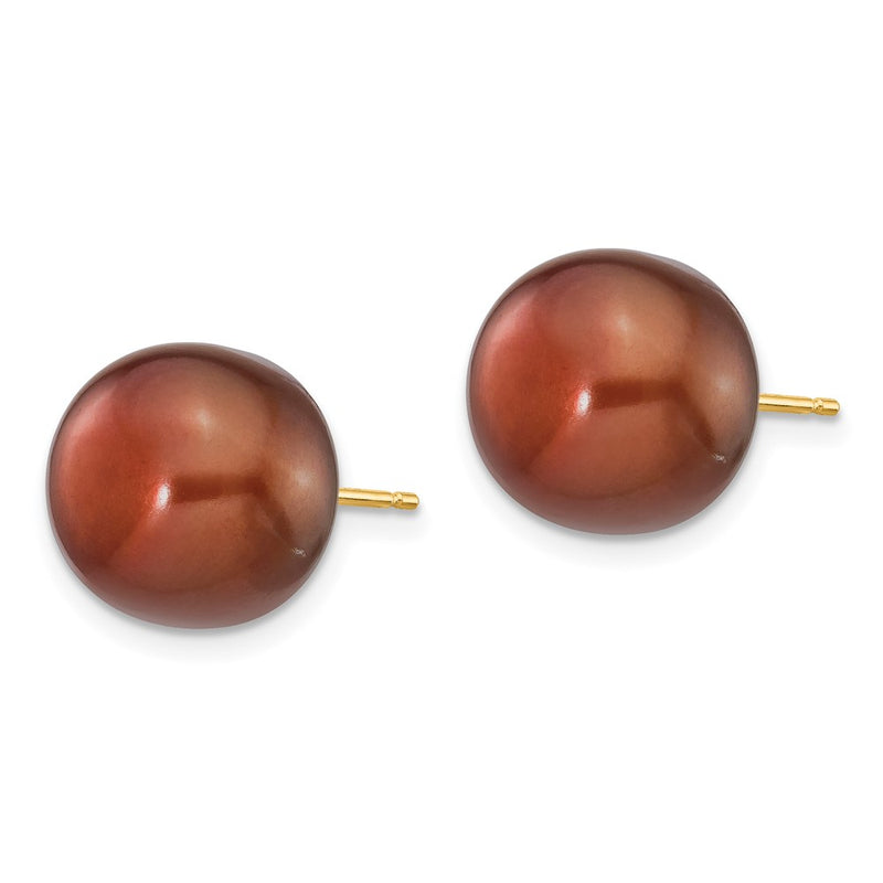 14K Yellow Gold 11-12mm Brown Button Freshwater Cultured Pearl Stud Post Earrings