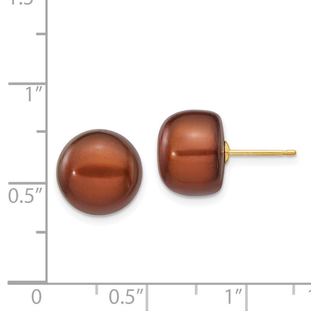 14K Yellow Gold 11-12mm Brown Button Freshwater Cultured Pearl Stud Post Earrings