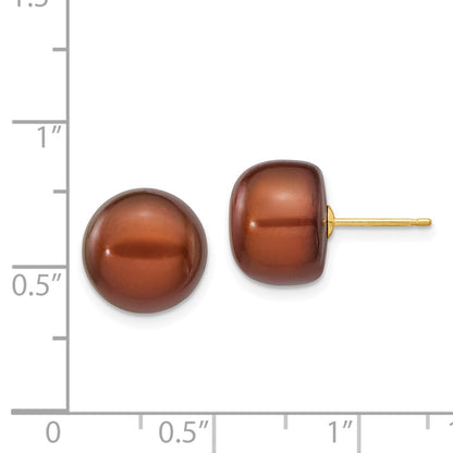 14K Yellow Gold 11-12mm Brown Button Freshwater Cultured Pearl Stud Post Earrings