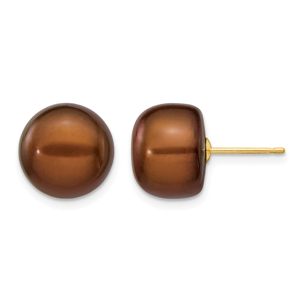 14K Yellow Gold 11-12mm Brown Button Freshwater Cultured Pearl Stud Post Earrings