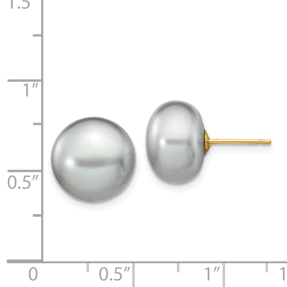 14K Yellow Gold 11-12mm Grey Button Freshwater Cultured Pearl Stud Post Earrings