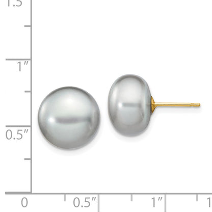 14K Yellow Gold 11-12mm Grey Button Freshwater Cultured Pearl Stud Post Earrings
