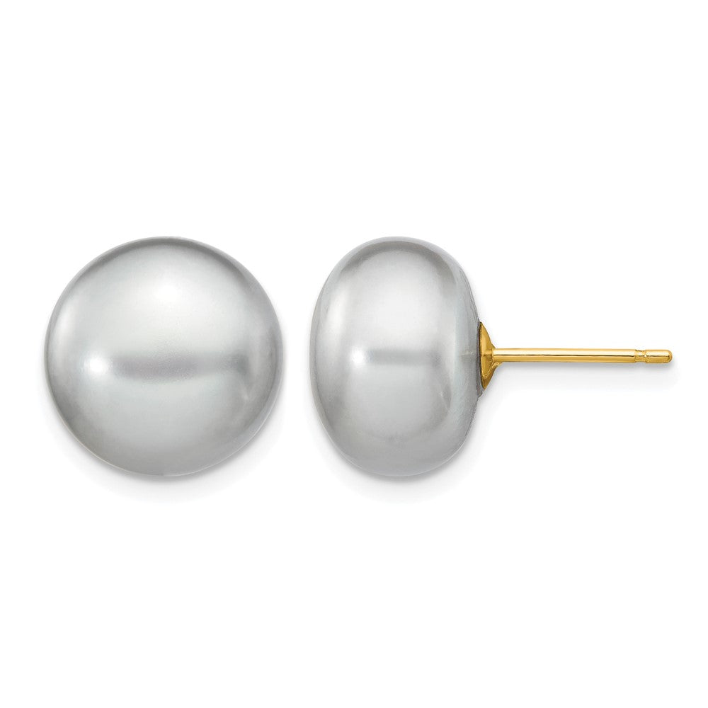 14K Yellow Gold 11-12mm Grey Button Freshwater Cultured Pearl Stud Post Earrings