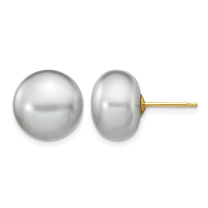 14K Yellow Gold 11-12mm Grey Button Freshwater Cultured Pearl Stud Post Earrings