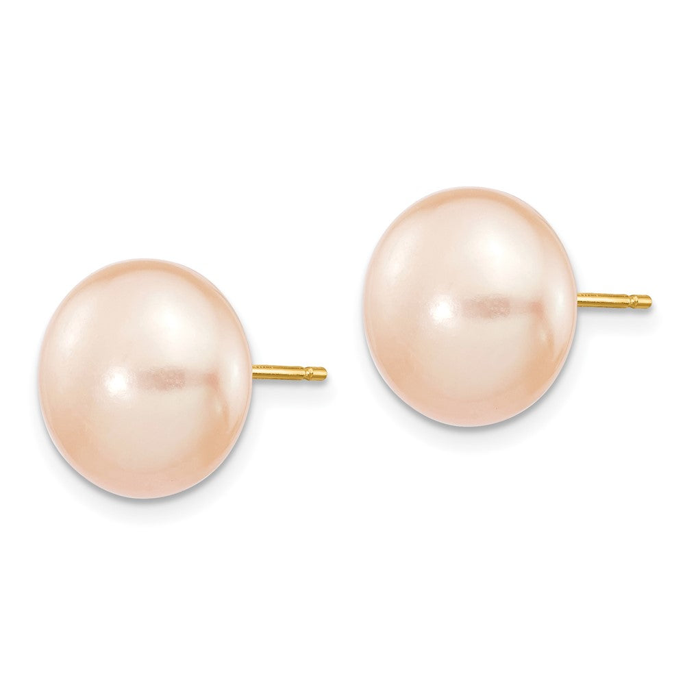 14K Yellow Gold 11-12mm Pink Button Freshwater Cultured Pearl Stud Post Earrings