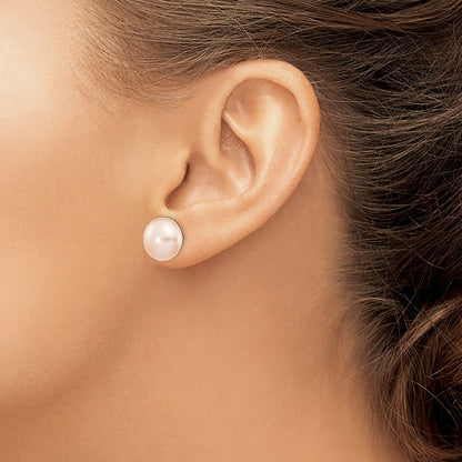 14K Yellow Gold 11-12mm Pink Button Freshwater Cultured Pearl Stud Post Earrings
