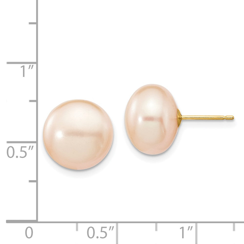 14K Yellow Gold 11-12mm Pink Button Freshwater Cultured Pearl Stud Post Earrings
