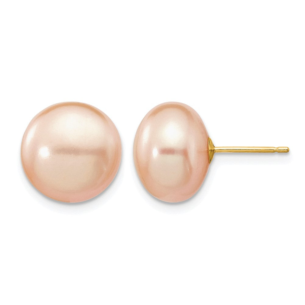 14K Yellow Gold 11-12mm Pink Button Freshwater Cultured Pearl Stud Post Earrings