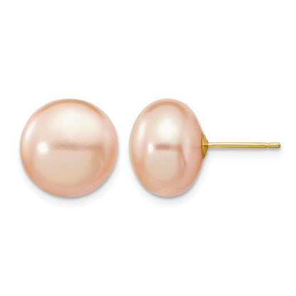 14K Yellow Gold 11-12mm Pink Button Freshwater Cultured Pearl Stud Post Earrings