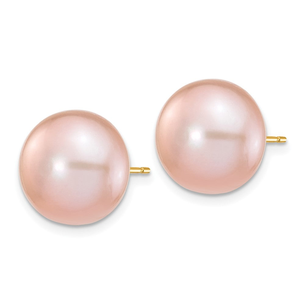 14K Yellow Gold 11-12mm Purple Button Freshwater Cultured Pearl Stud Post Earrings