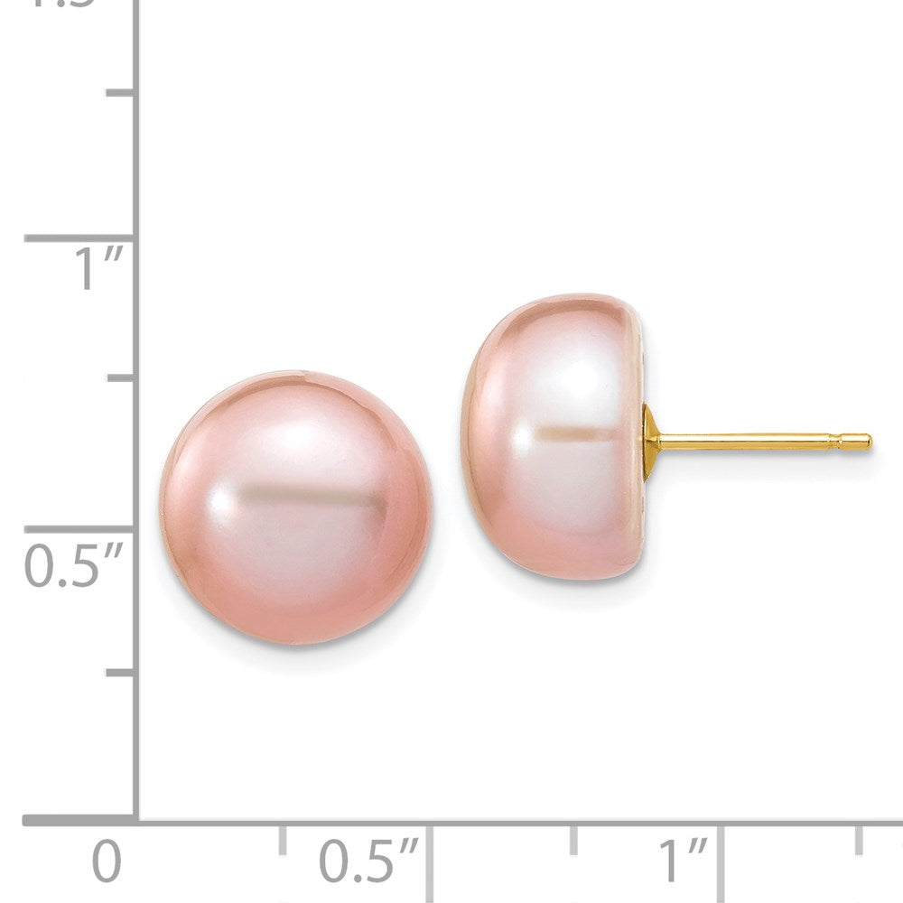 14K Yellow Gold 11-12mm Purple Button Freshwater Cultured Pearl Stud Post Earrings