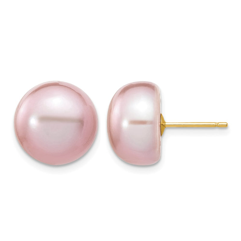 14K Yellow Gold 11-12mm Purple Button Freshwater Cultured Pearl Stud Post Earrings