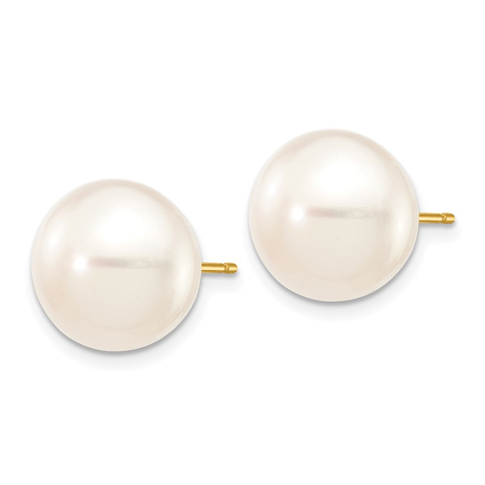 14K Yellow Gold 11 12mm White Button Freshwater Cultured Pearl Stud Post Earrings