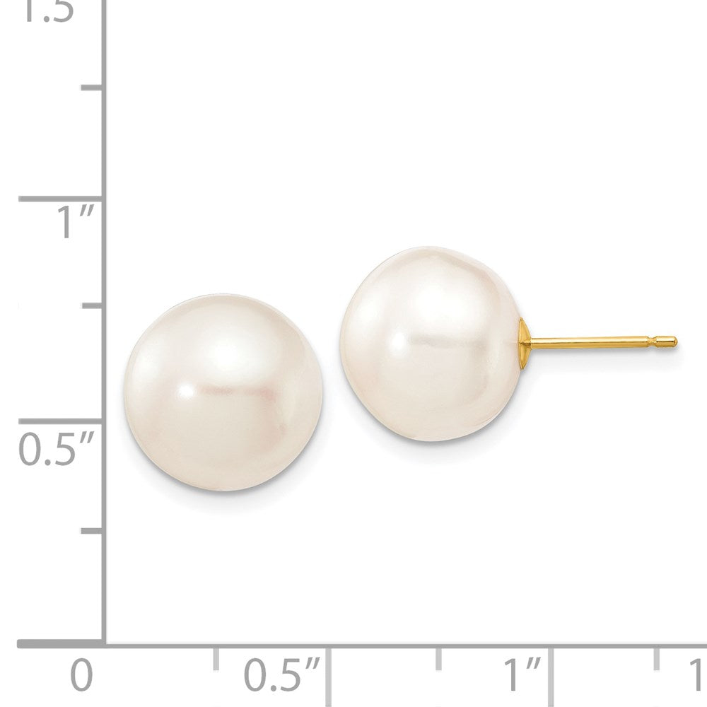 14K Yellow Gold 11 12mm White Button Freshwater Cultured Pearl Stud Post Earrings