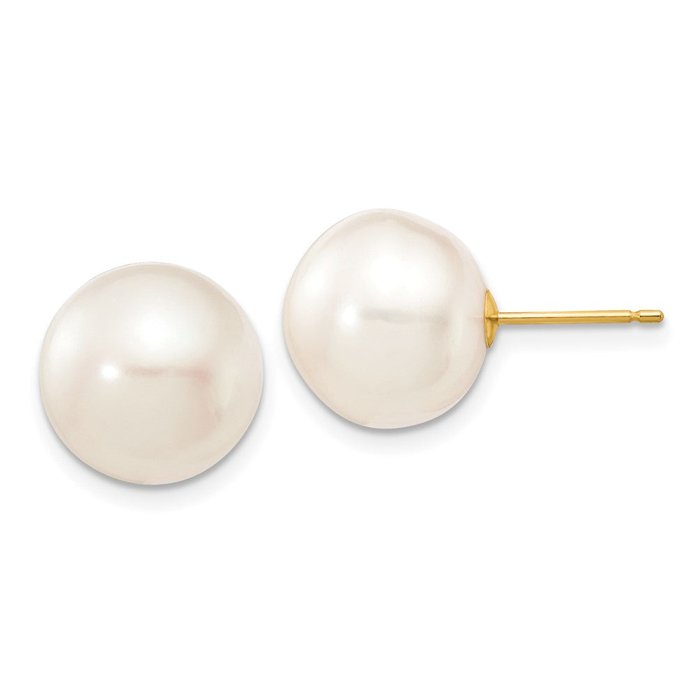 14K Yellow Gold 11 12mm White Button Freshwater Cultured Pearl Stud Post Earrings