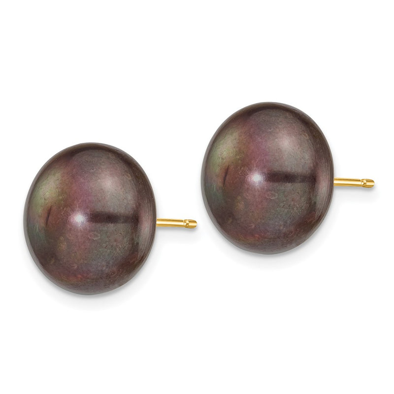 14K Yellow Gold 12-13mm Black Button Freshwater Cultured Pearl Stud Post Earrings