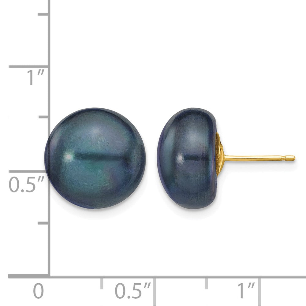 14K Yellow Gold 12-13mm Black Button Freshwater Cultured Pearl Stud Post Earrings