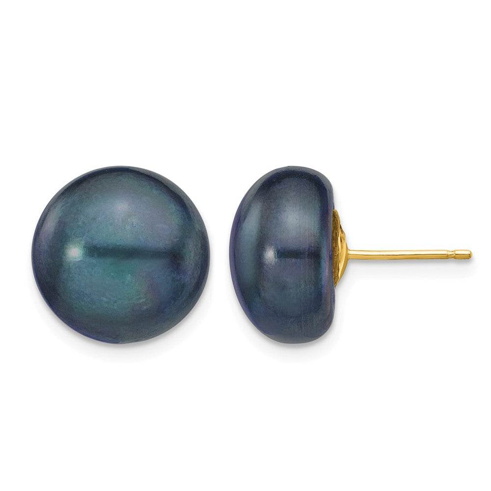 14K Yellow Gold 12-13mm Black Button Freshwater Cultured Pearl Stud Post Earrings