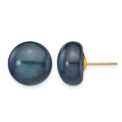 14K Yellow Gold 12-13mm Black Button Freshwater Cultured Pearl Stud Post Earrings