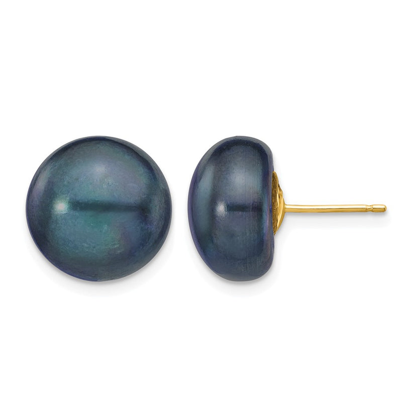 14K Yellow Gold 12-13mm Black Button Freshwater Cultured Pearl Stud Post Earrings