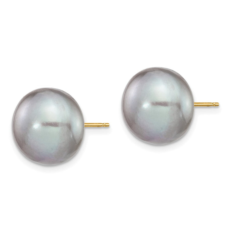 14K Yellow Gold 12-13mm Grey Button Freshwater Cultured Pearl Stud Post Earrings