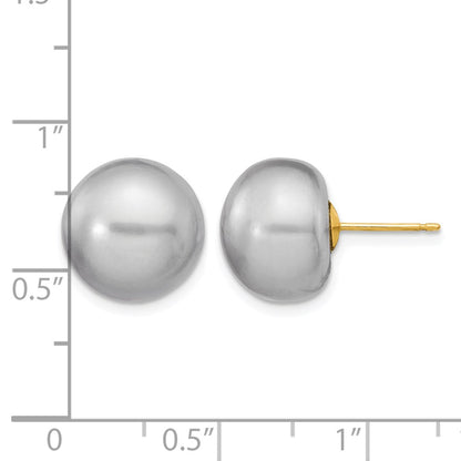 14K Yellow Gold 12-13mm Grey Button Freshwater Cultured Pearl Stud Post Earrings