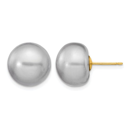 14K Yellow Gold 12-13mm Grey Button Freshwater Cultured Pearl Stud Post Earrings