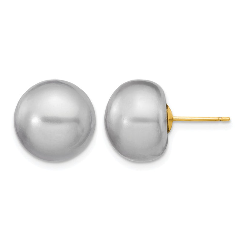 14K Yellow Gold 12-13mm Grey Button Freshwater Cultured Pearl Stud Post Earrings