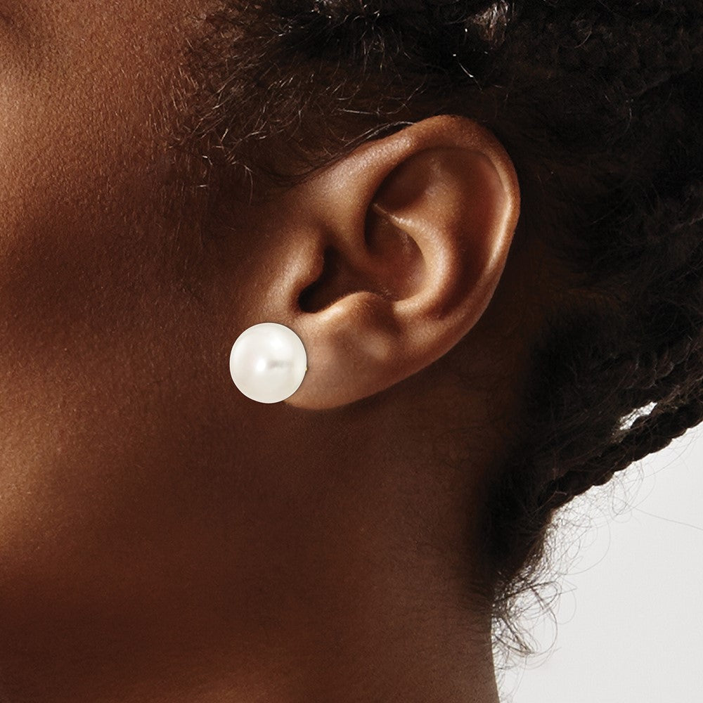 14K Yellow Gold 12 13mm White Button Freshwater Cultured Pearl Stud Post Earrings