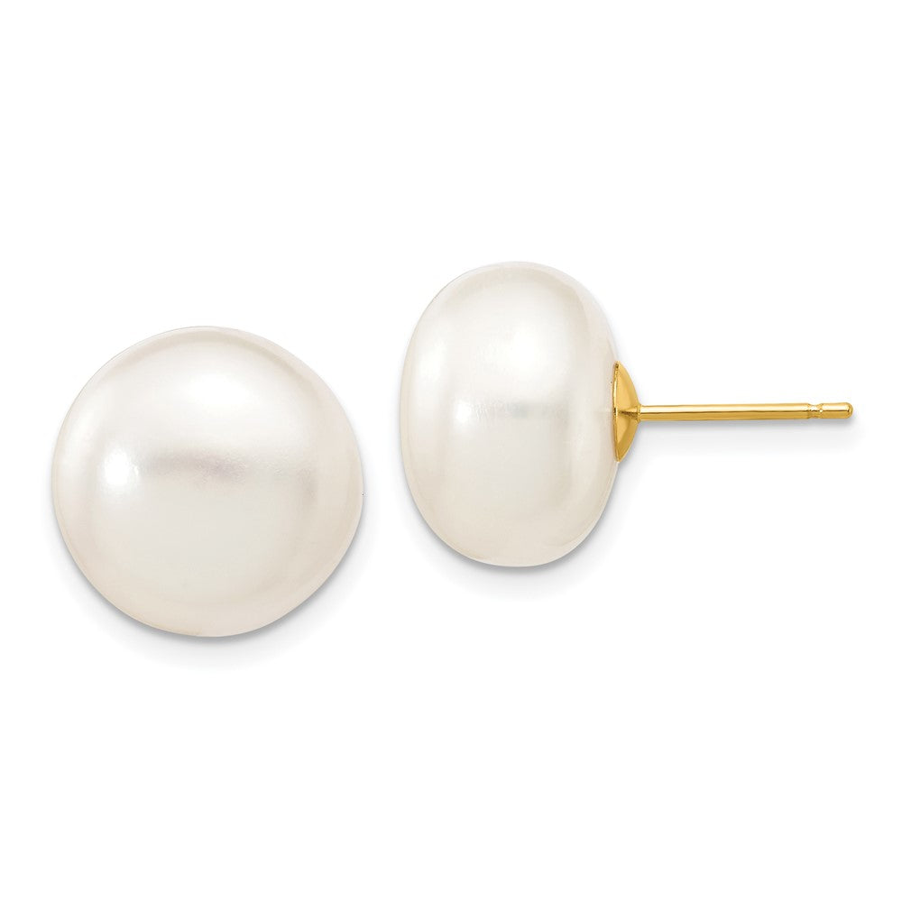 14K Yellow Gold 12 13mm White Button Freshwater Cultured Pearl Stud Post Earrings