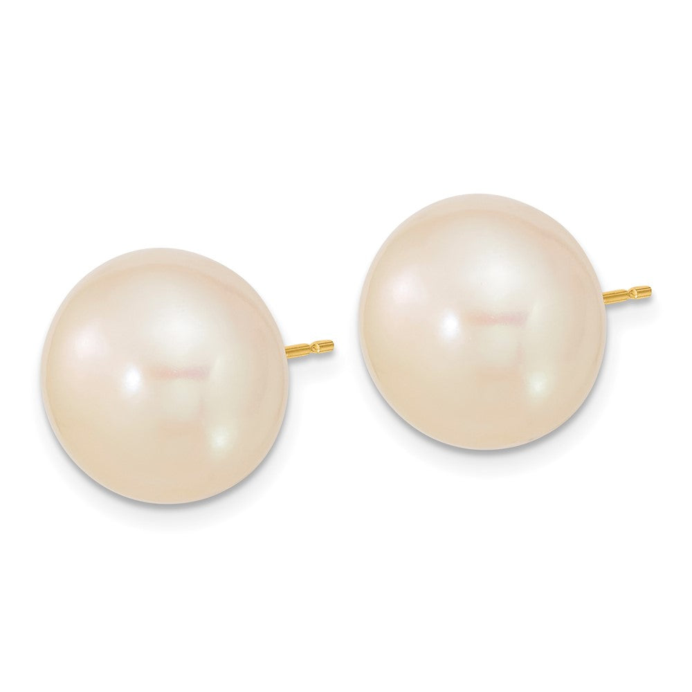 14K Yellow Gold 13 14mm White Button Freshwater Cultured Pearl Stud Post Earrings