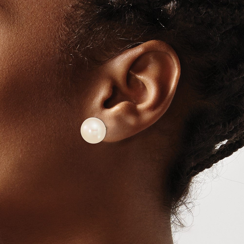 14K Yellow Gold 13 14mm White Button Freshwater Cultured Pearl Stud Post Earrings