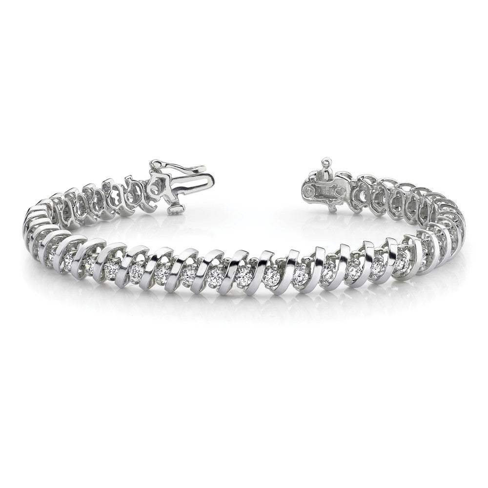 14K White Gold Complete 3.31 Carat Round A Diamond Fancy Spiral 7 Inch Tennis Bracelet