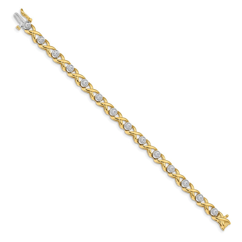 14K Two Tone Complete 1 Carat Round Aa Diamond 4 Prong X Design 7 Inch Tennis Bracelet
