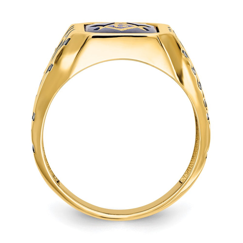 14K Yellow Gold Men's Polished, Antiqued and Grooved with Imitation Blue Spinel Masonic Ring