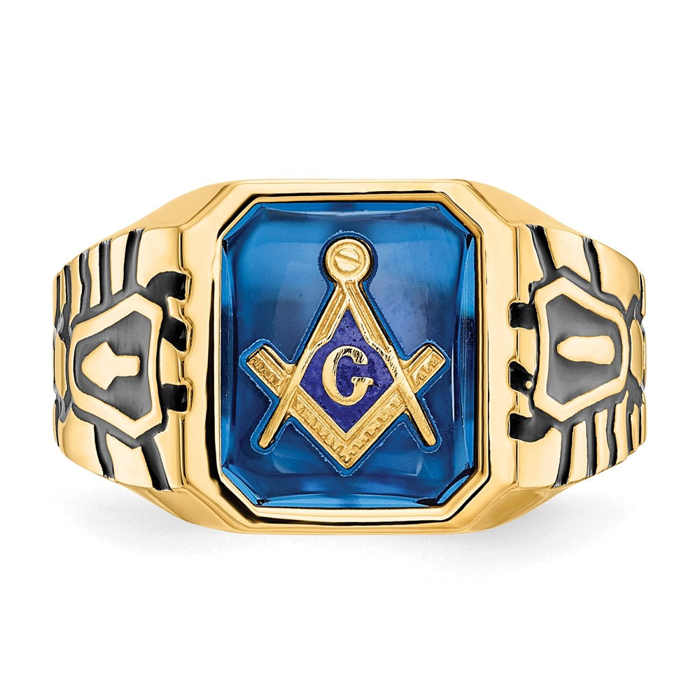 14K Yellow Gold Men's Polished, Antiqued and Grooved with Imitation Blue Spinel Masonic Ring
