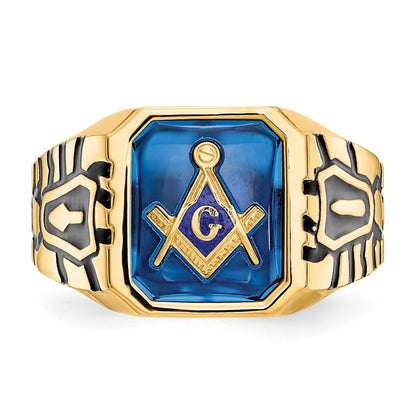14K Yellow Gold Men's Polished, Antiqued and Grooved with Imitation Blue Spinel Masonic Ring